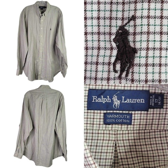 Polo Ralph Lauren Vtg Mens XL Oxford Plaid Yarmouth Button Down Shirt LS Brown - Picture 1 of 11